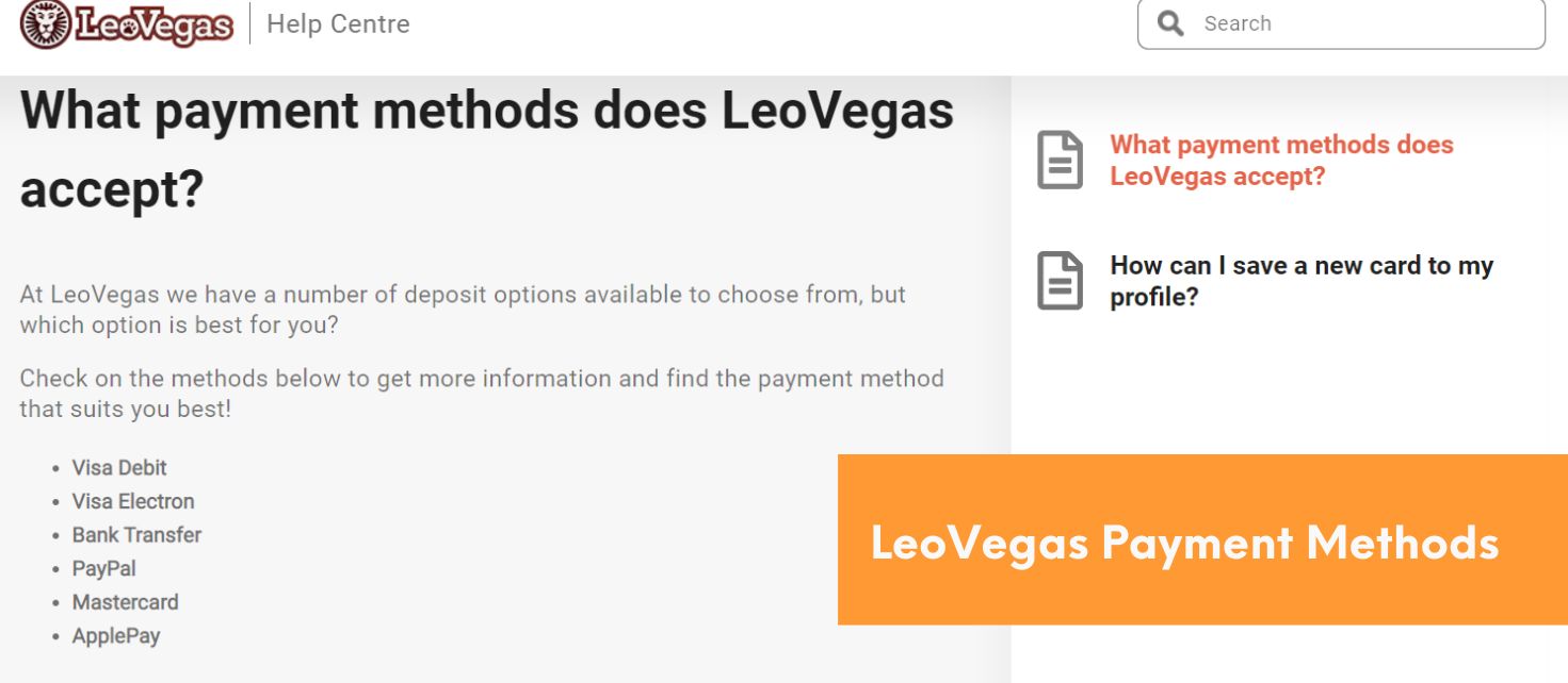 LeoVegas Deposit and withdrawal methods