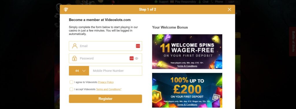 Videoslots UK Registration Form