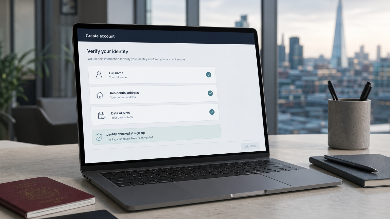 Laptop showing identity verification completed at account sign-up, with a UK passport on the desk